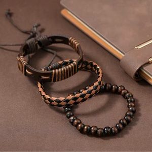 3pcs Men's Vintage Leather Woven Handmade Bracelet.